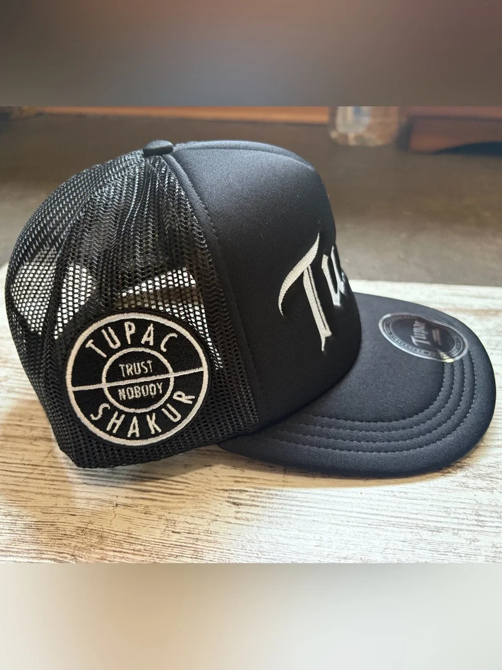 Lids Tupac Trucker Cap in Black with White Embroidery SnapBack